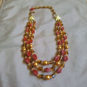 Vintage W. Germany 3-Strand Necklace Rose Red Gold Brown Acrylic Beads Goldtone